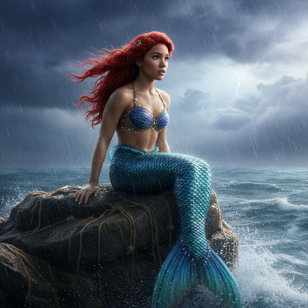 Realistic artwork of Halle Bailey's Ariel on a rock, looking at a stormy sea.