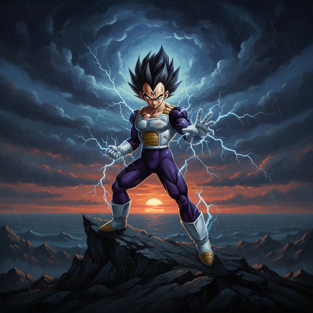 Majin Vegeta dramatically posed on a stormy mountain peak at sunset, oil painting style.