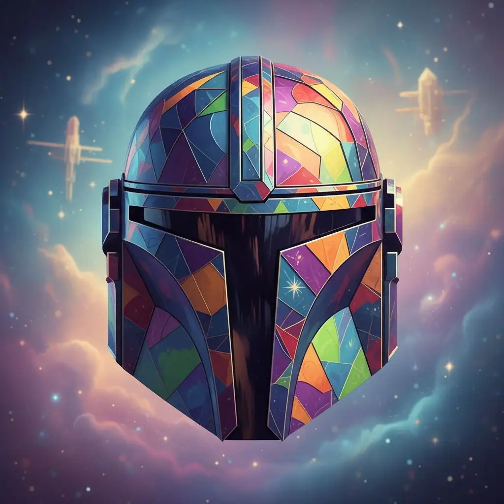 Abstract geometric Mando helmet art with vibrant colors.