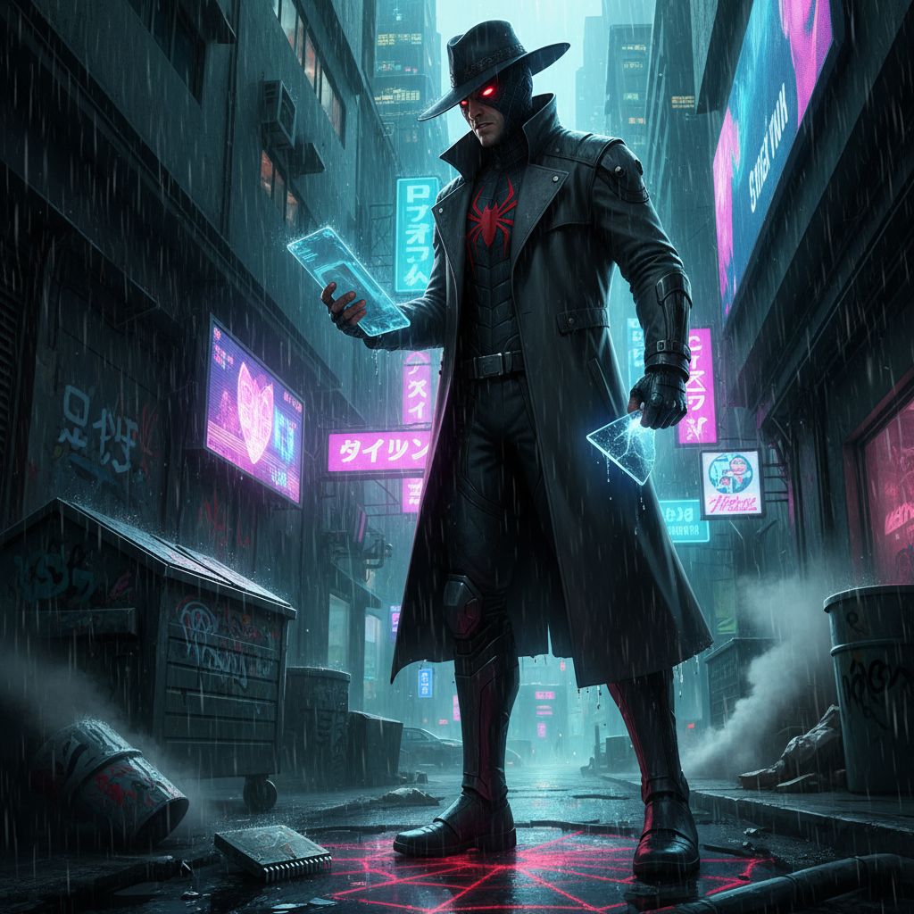 Noir-style Miguel O'Hara as a detective in a cyberpunk alley, investigating a mystery.