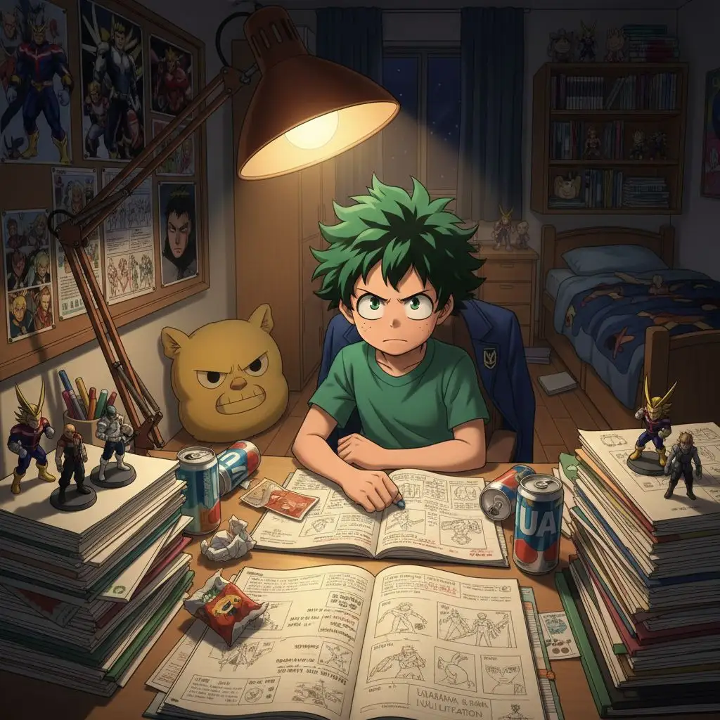 Deku studying hero analysis in his UA dorm room, focused and determined.