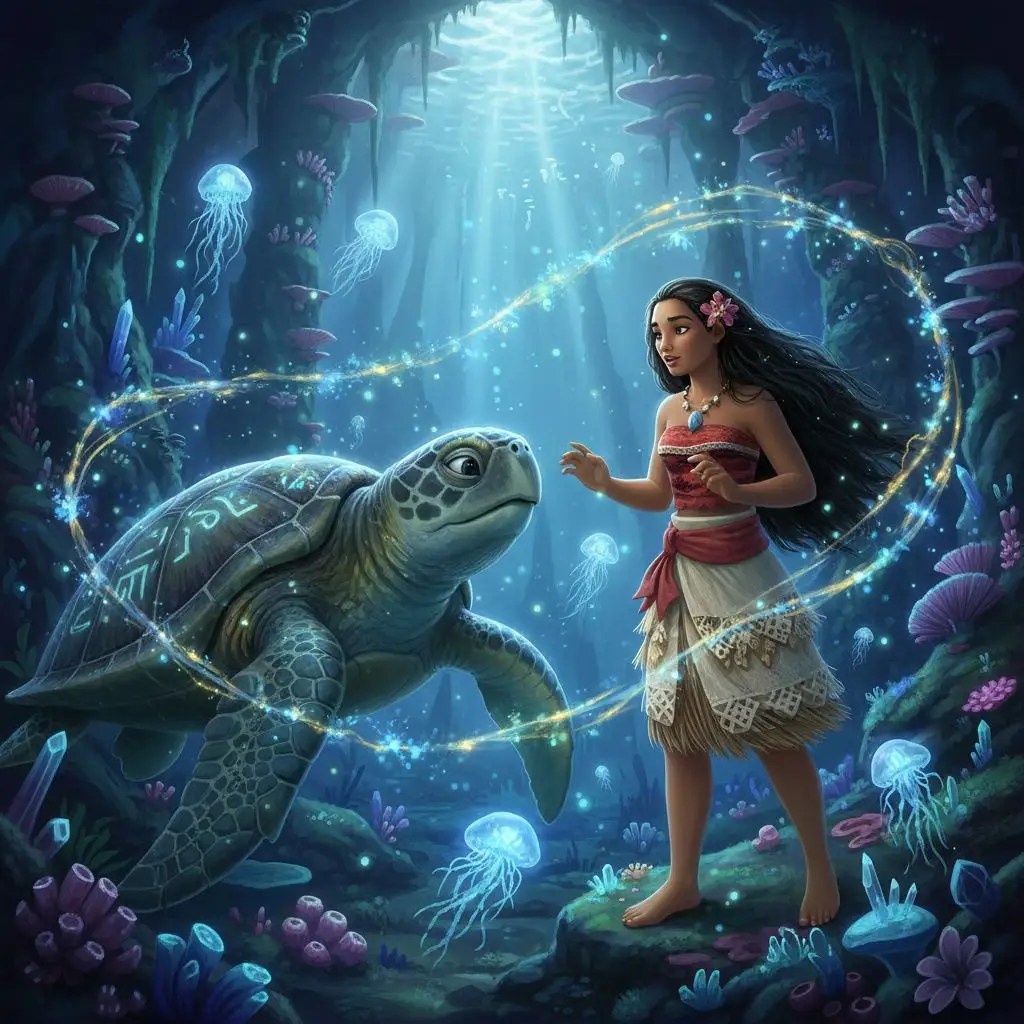 Moana interacting with a glowing sea turtle in a mystical underwater cave, representing magic and wonder.