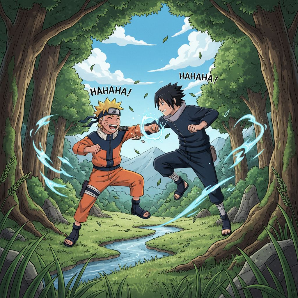 Naruto and Sasuke playfully sparring in a lush forest.