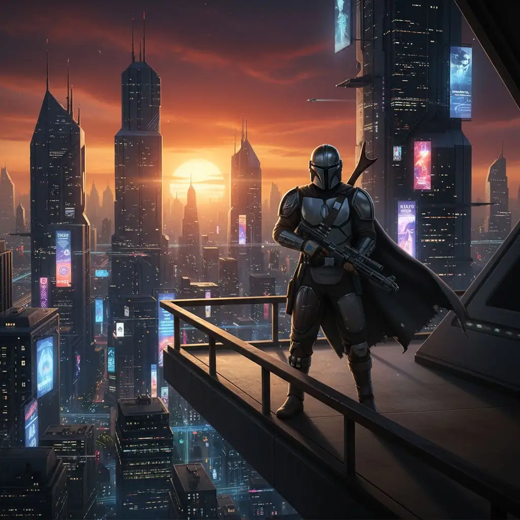 The Mandalorian overlooking a futuristic city at sunset.