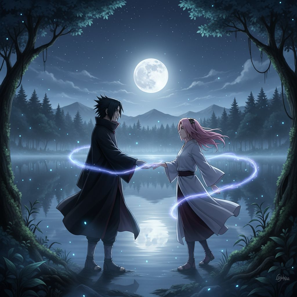 Sasuke and Sakura by a moonlit lake, a tranquil and romantic scene.