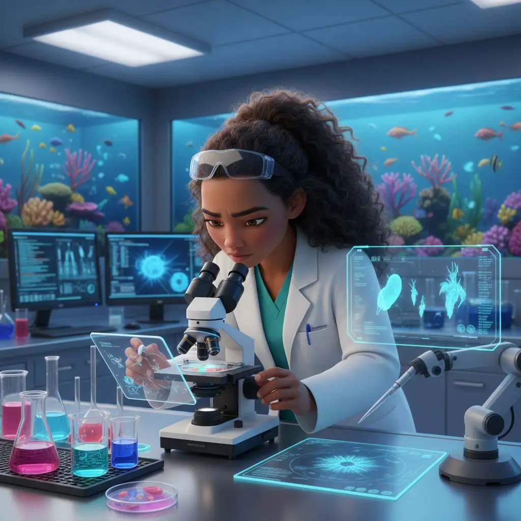 Moana as a marine biologist in a lab, examining specimens, portraying intelligence and science.