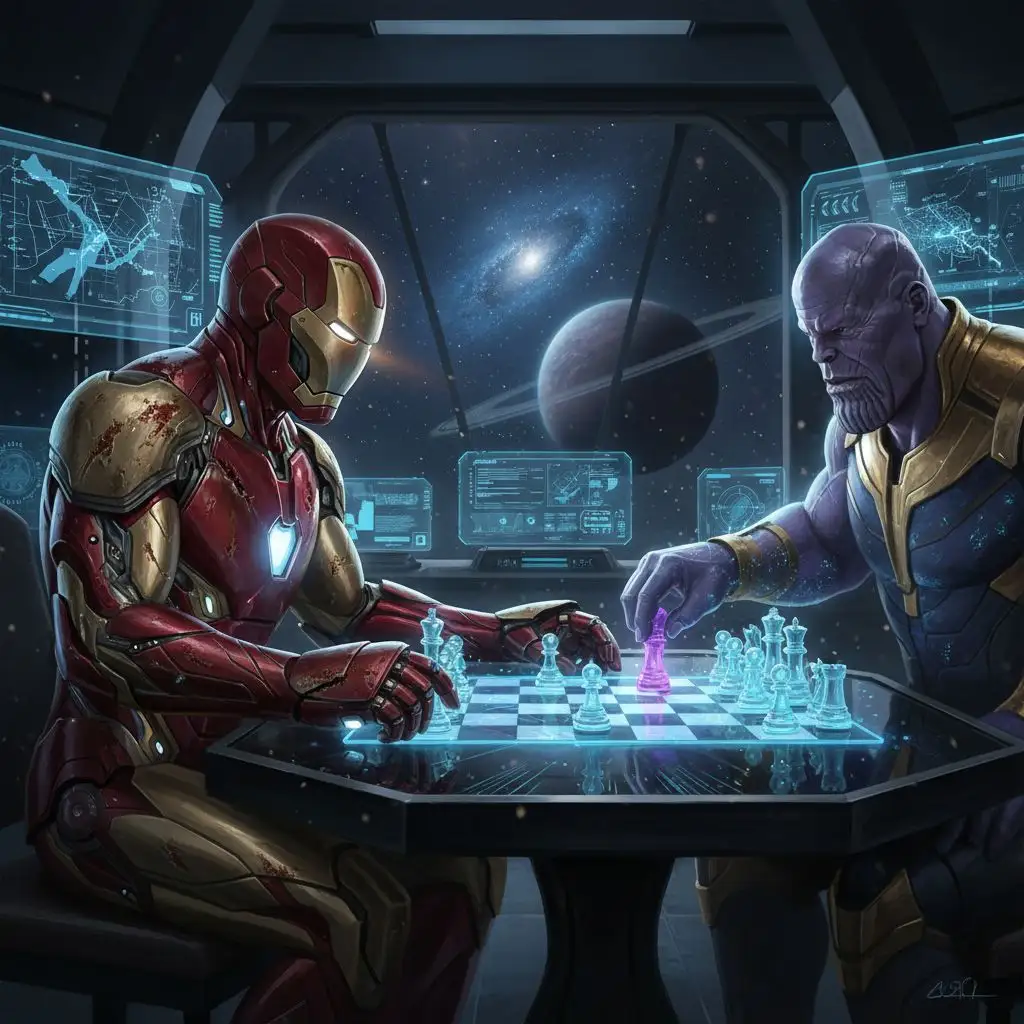 Battle-damaged Iron Man playing holographic chess with Thanos, sci-fi art.