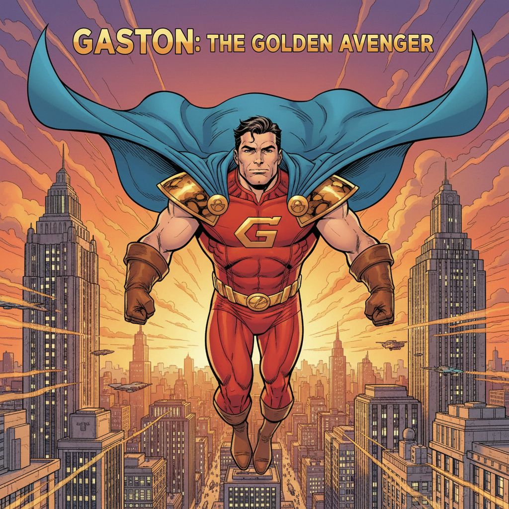 Superhero Gaston soaring over a city at sunset, comic book art style.