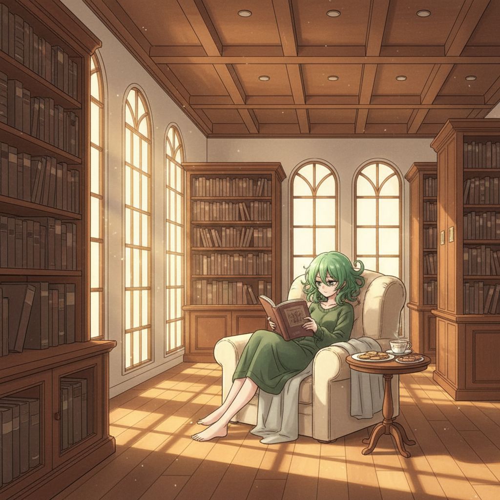 Tatsumaki reading a book in a sunlit library.