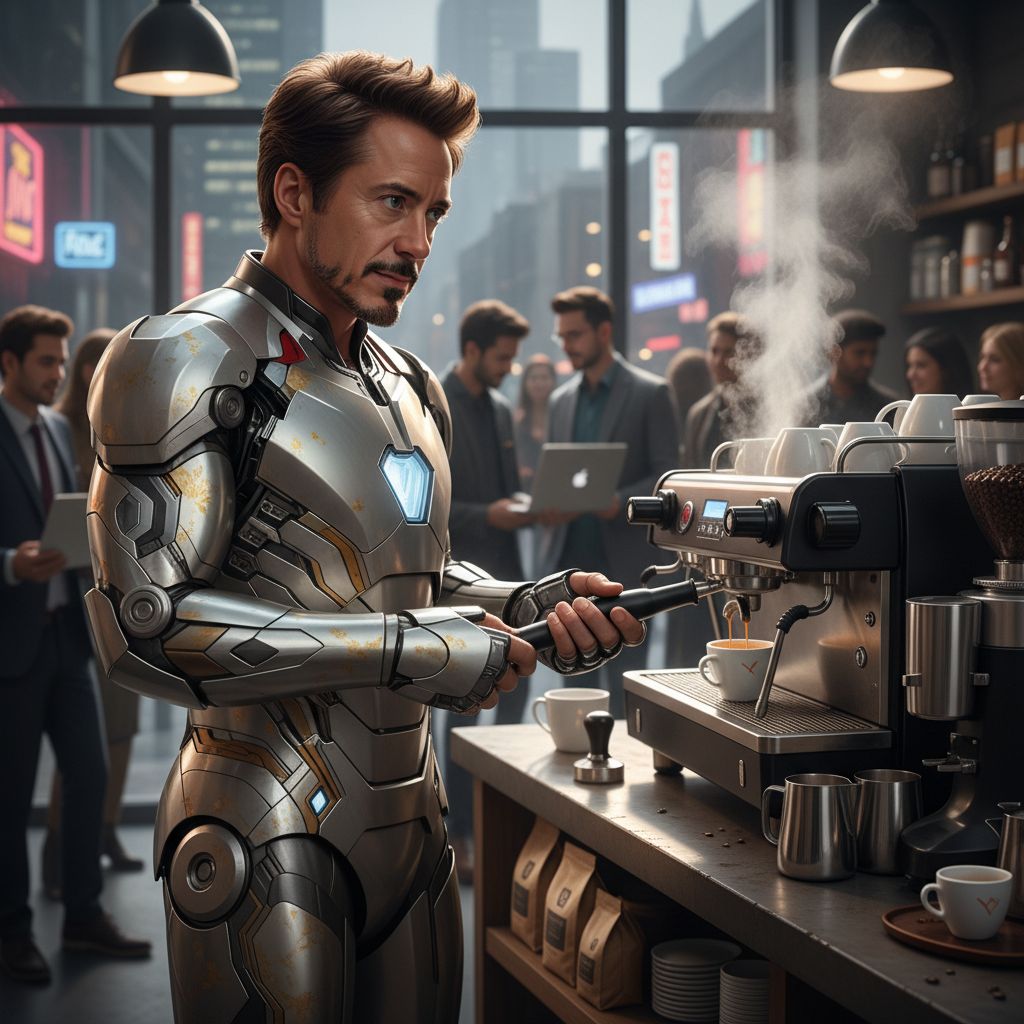 Tony Stark as Iron Man making coffee in a modern cafe, photo-realistic.
