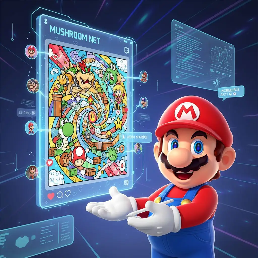 Mario sharing his intricate Super Mario fan art on a social media platform.