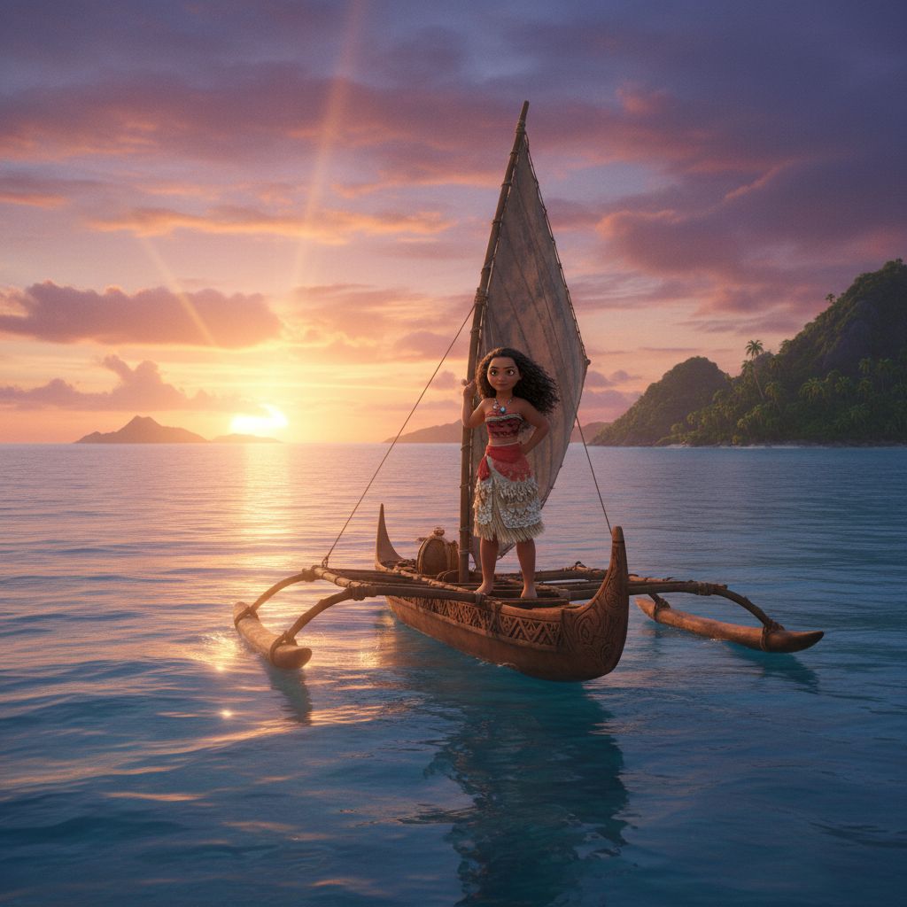 Moana confidently sailing her canoe on a sunset ocean, demonstrating adventure.