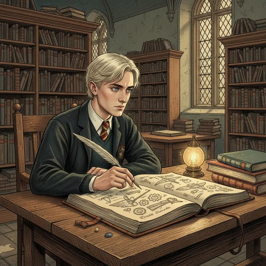 Draco Malfoy sketching in the Hogwarts library, thoughtful and artistic fan art.