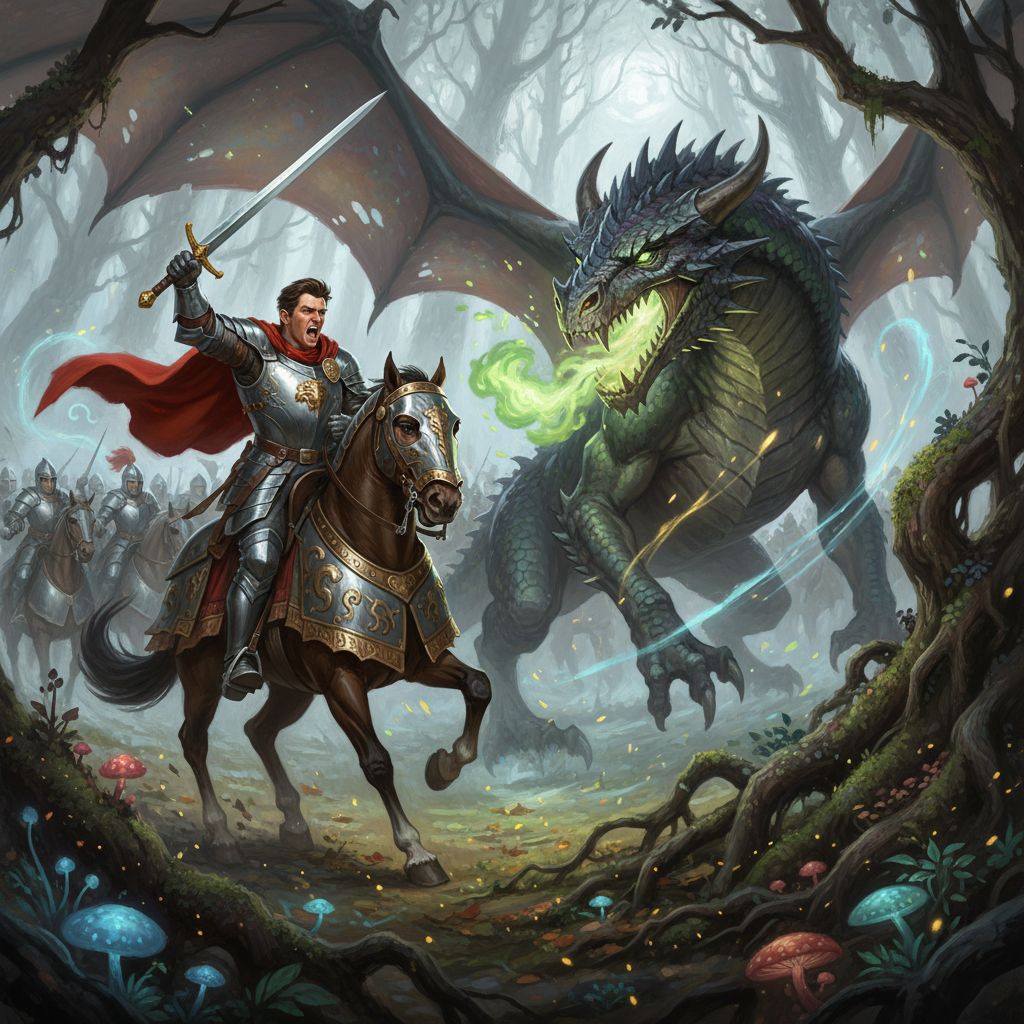 Knight Gaston fighting a dragon in an enchanted forest, epic fantasy style.