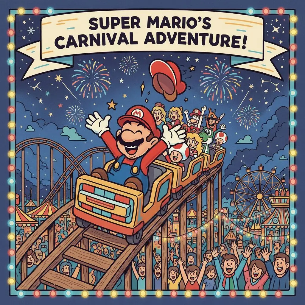 Super Mario laughing joyfully on a vibrant carnival roller coaster.