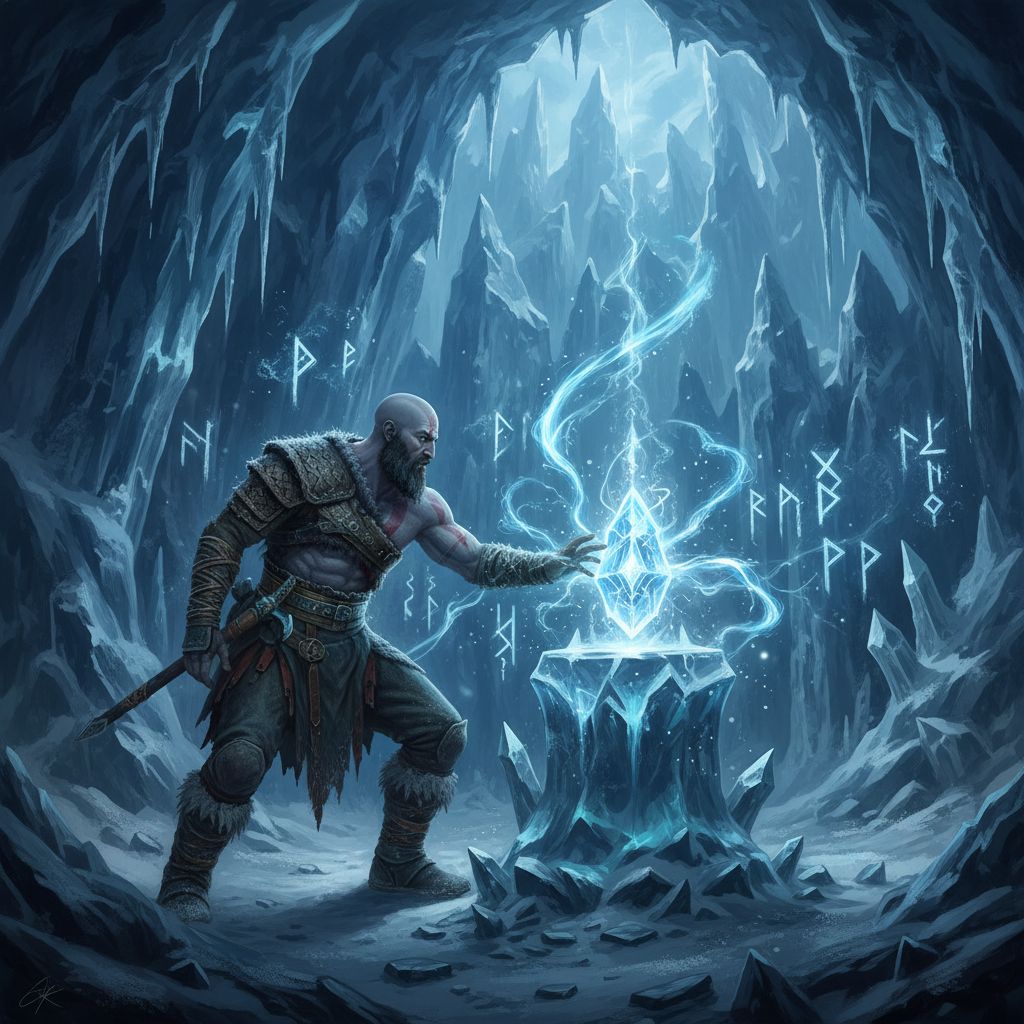 Kratos discovering artifact in ice cave, God of War Ragnarok fan art.