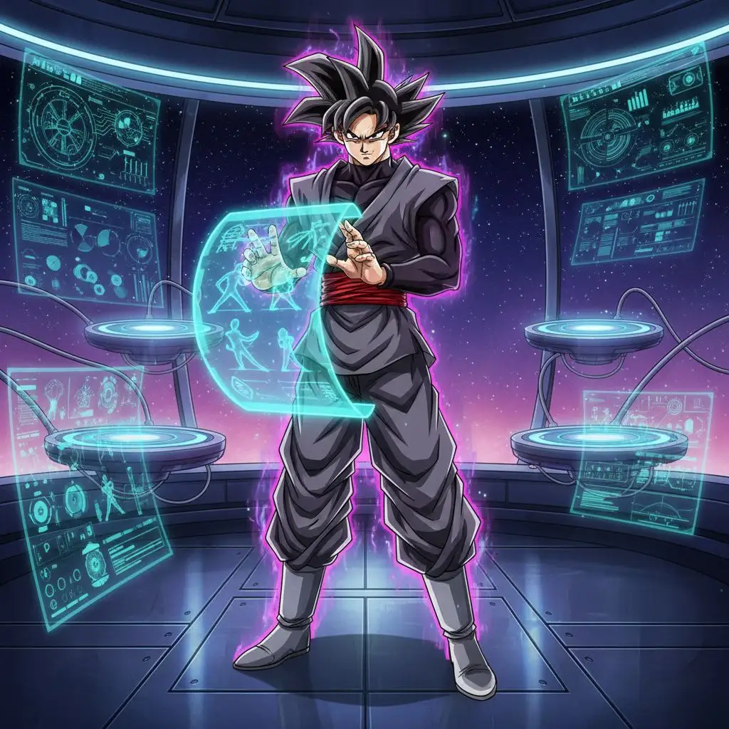 Goku Black fanart generator output: Goku Black studying martial arts from a holographic scroll in a high-tech training room.