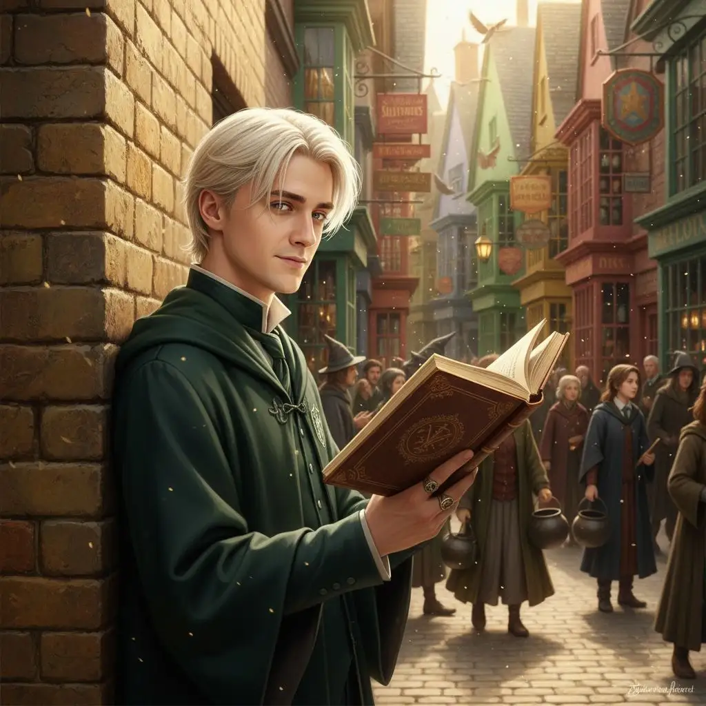 Draco Malfoy reading in Diagon Alley, elegant wizard fashion, AI-generated fan art.