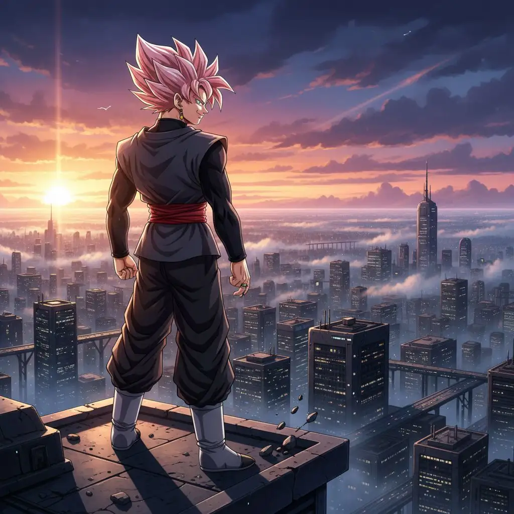 Goku Black wallpaper concept: Goku Black standing on a skyscraper rooftop overlooking a city at dawn, cinematic style.