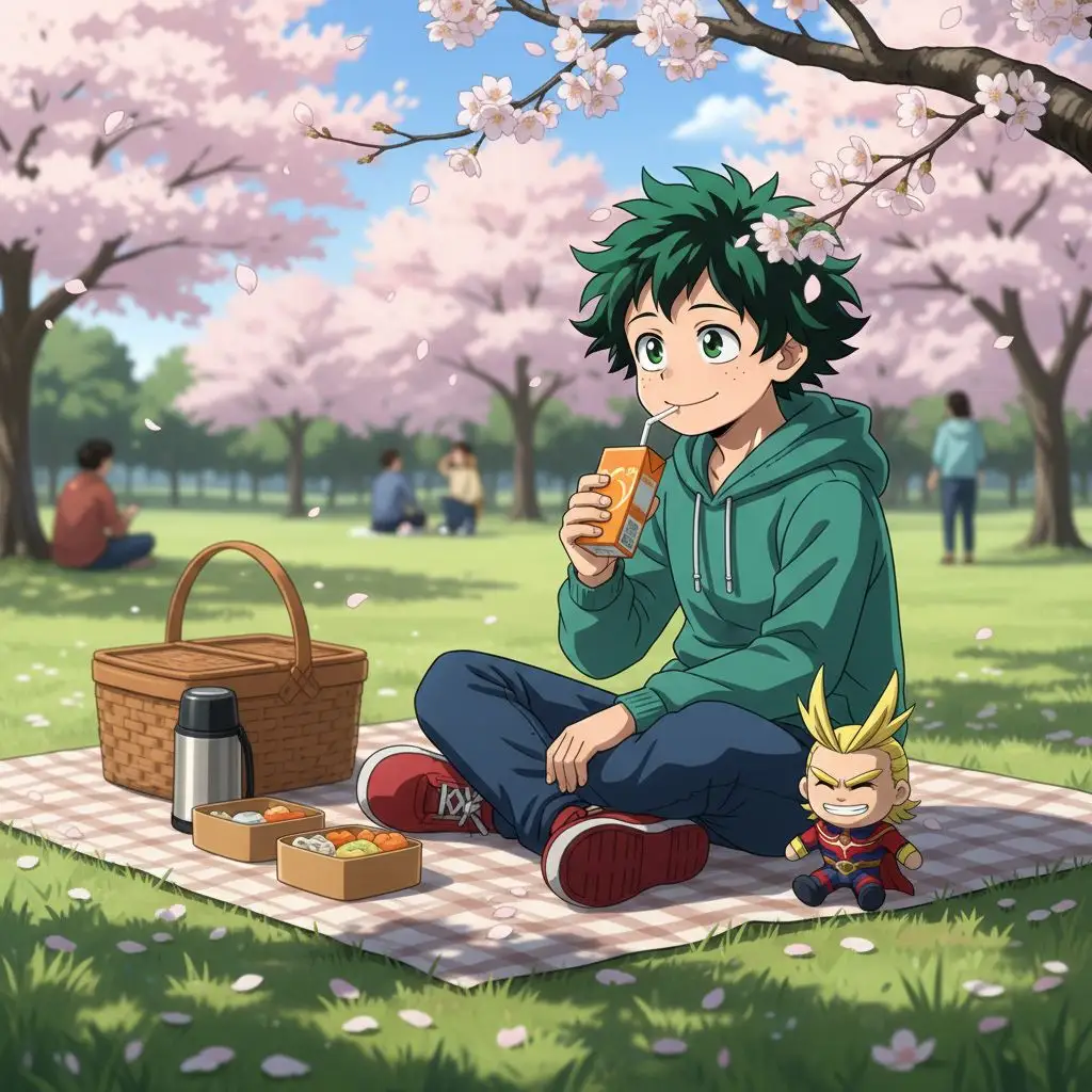 Deku enjoying a peaceful picnic in a park with an All Might plushie.