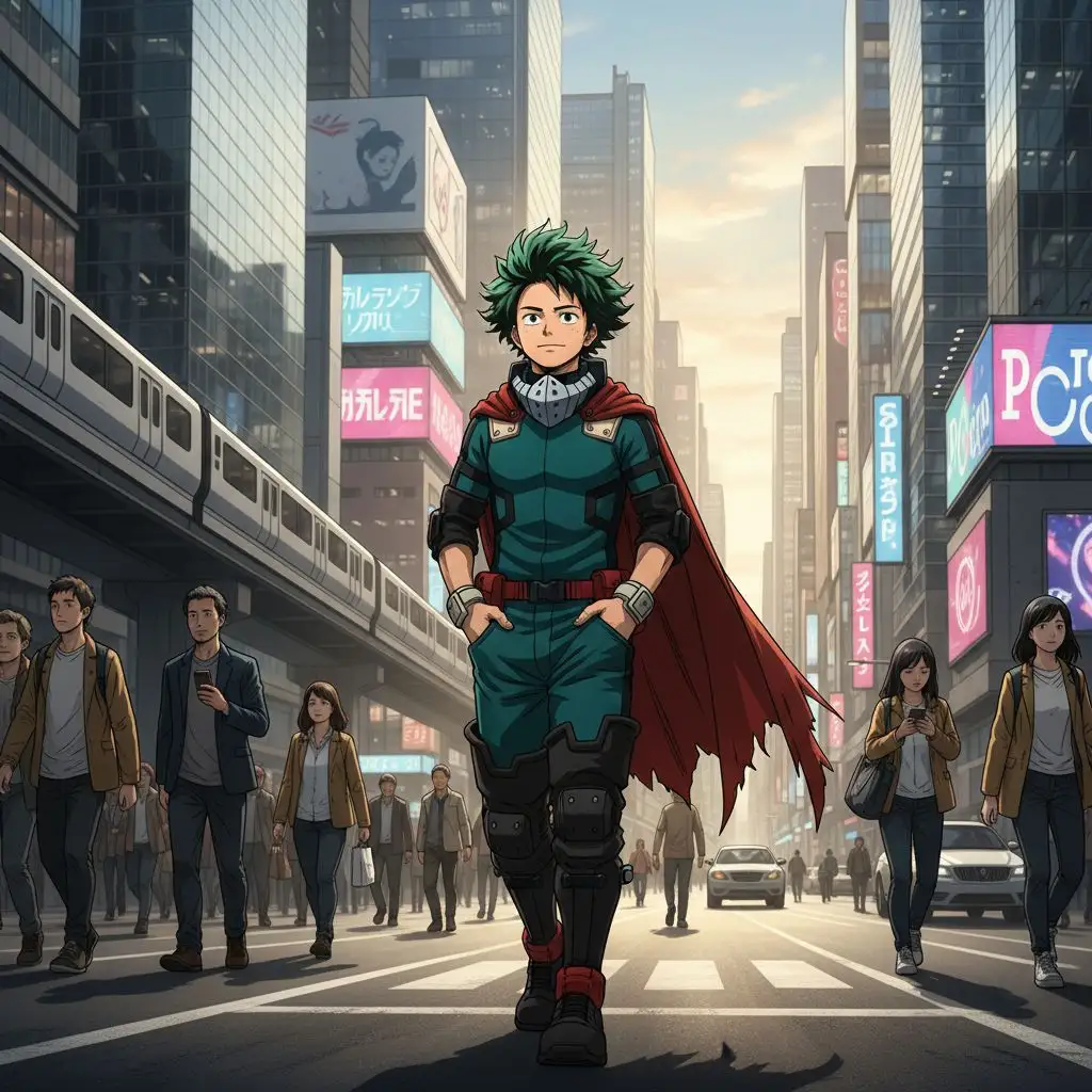 Adult Deku confidently walking through a modern city street as a symbol of peace.