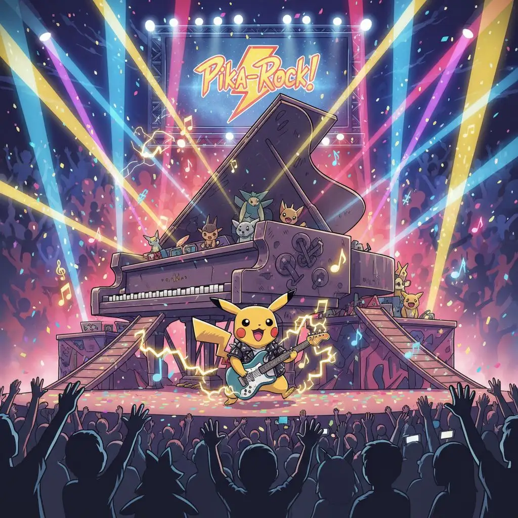 Pikachu playing guitar on stage, colorful spotlights, anime concert style.
