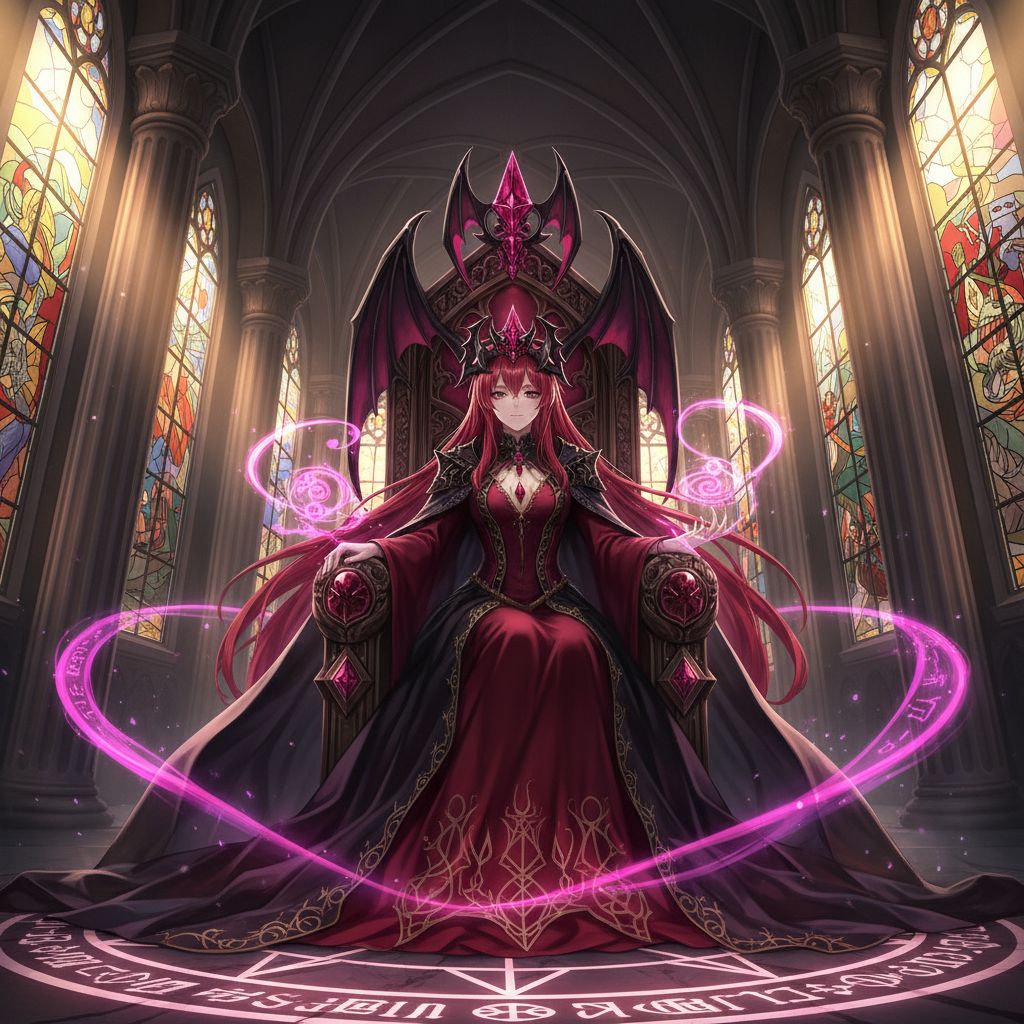 Rias Gremory as a queen on a throne, fantasy style AI artwork.