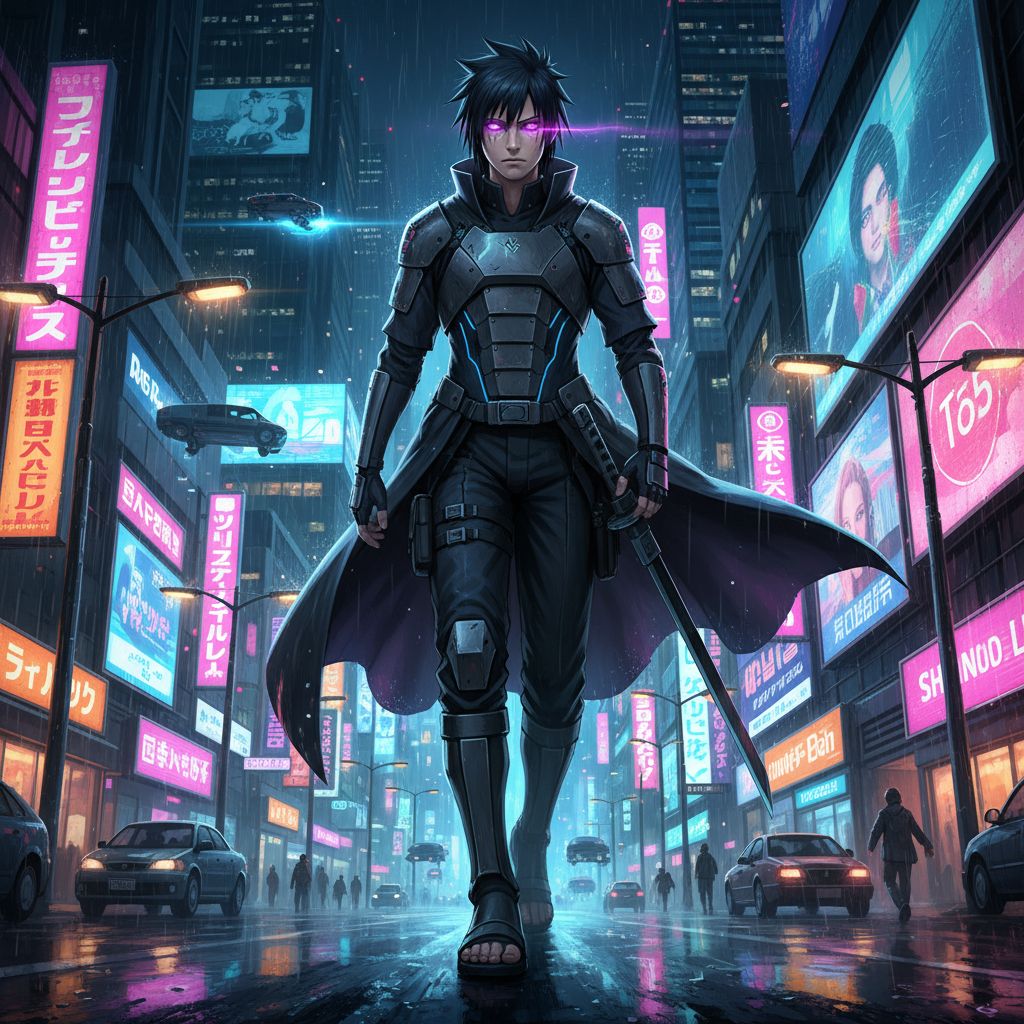 Sasuke Uchiha in futuristic Tokyo with neon lights, showcasing Rinnegan.