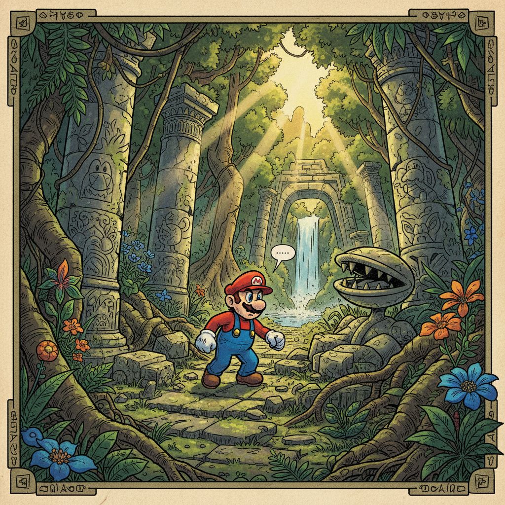 Super Mario exploring an ancient, overgrown temple in a dense jungle.
