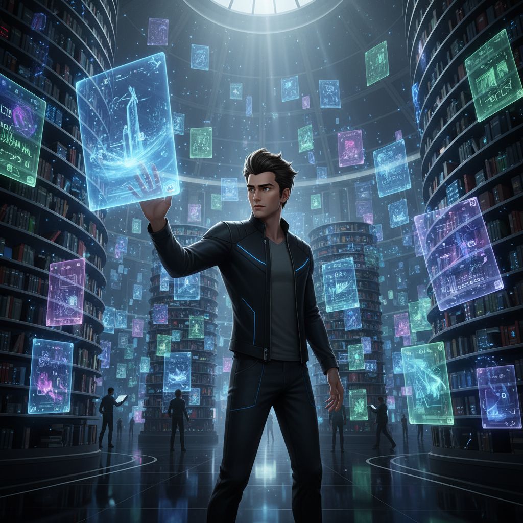 Miguel O'Hara fan art, browsing a futuristic digital library, highlighting his intellectual side and distinctive hair.