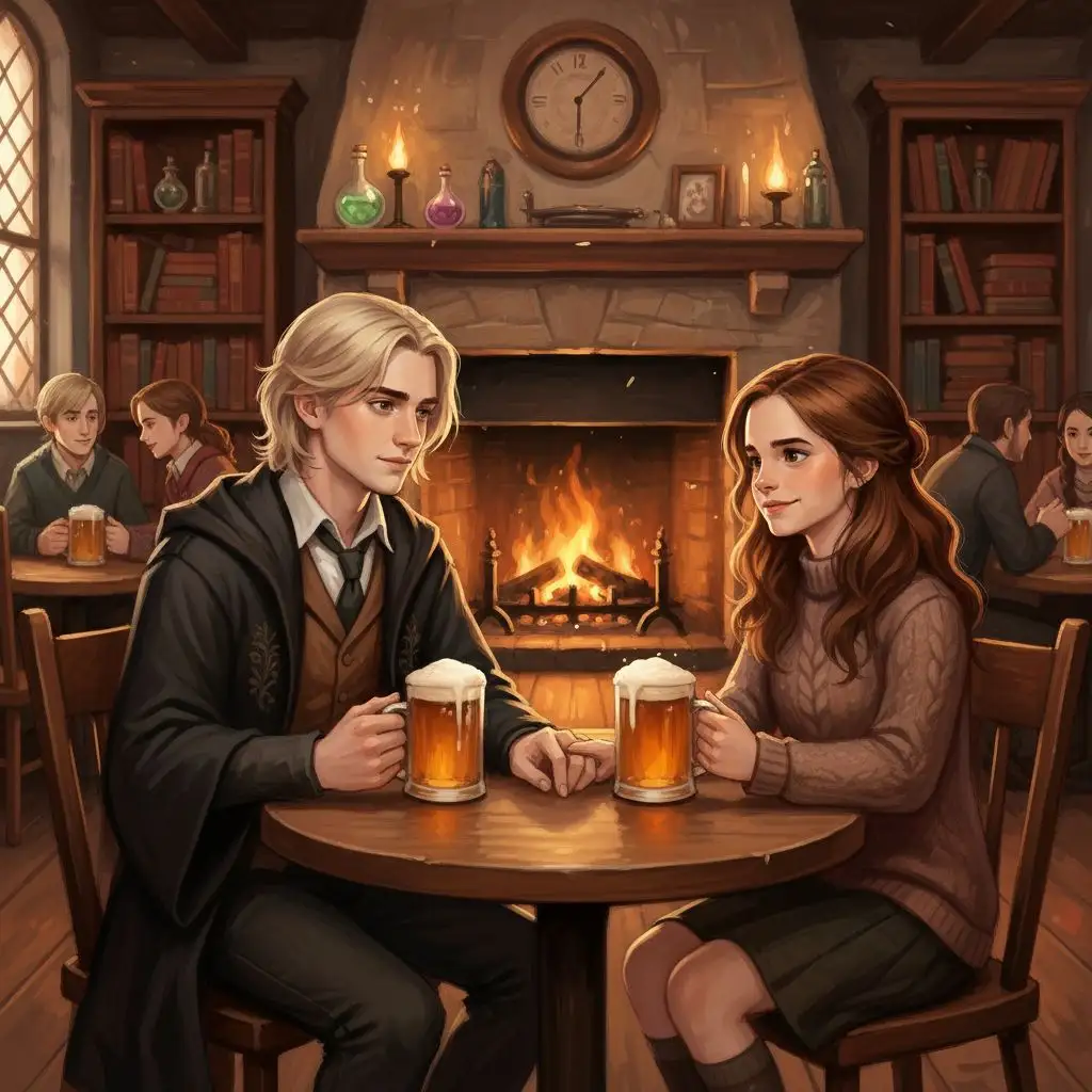 Draco and Hermione sharing butterbeer in a Hogsmeade pub, romantic fan art scene.