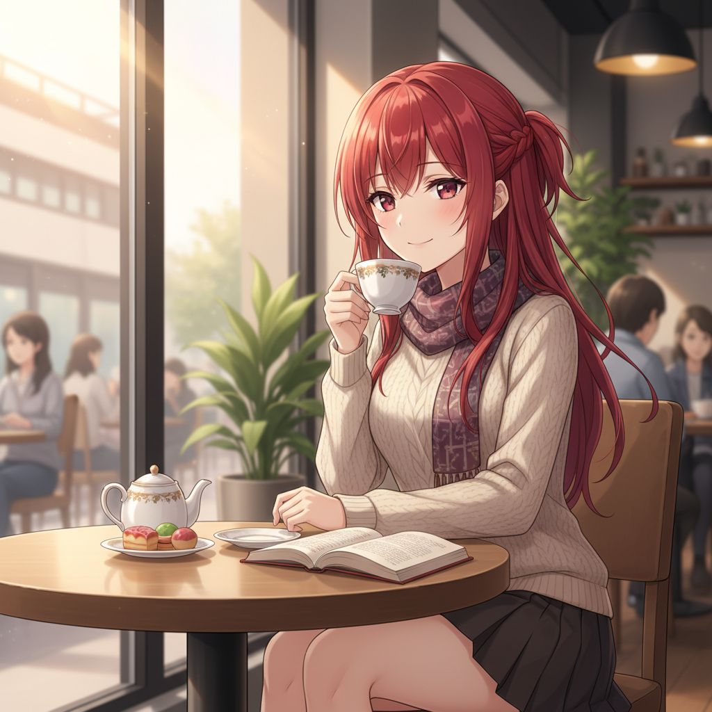Rias Gremory relaxing in a cafe with tea, AI generated anime art.