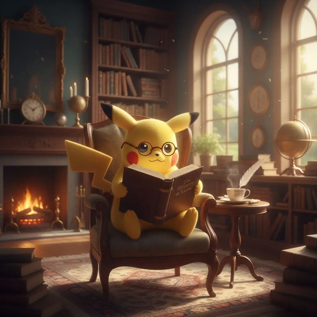 Pikachu reading in a quiet library, reading glasses, warm academic tones.