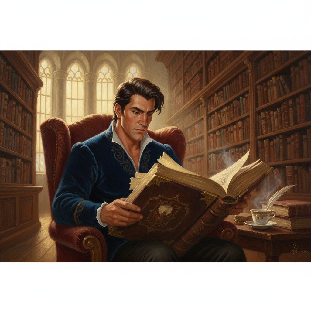 Gaston reading in a grand library, classical oil painting style.