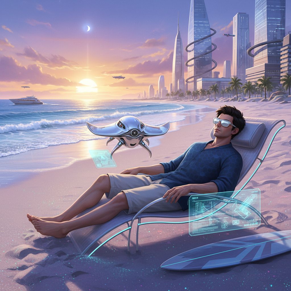Miguel O'Hara relaxing on a futuristic beach, showcasing a peaceful, unexpected scenario.