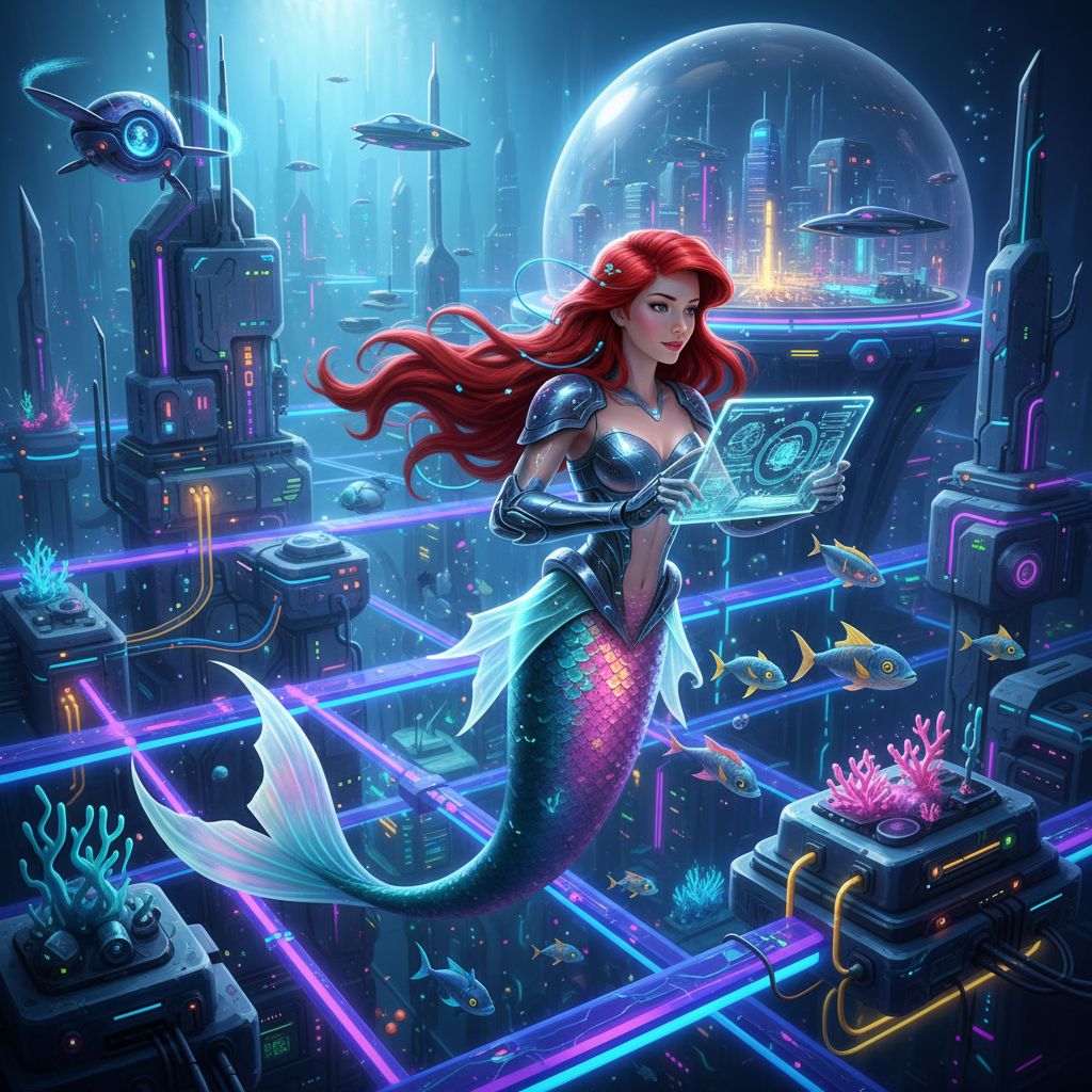 Sci-fi concept art of Ariel in a futuristic, neon-lit underwater city.
