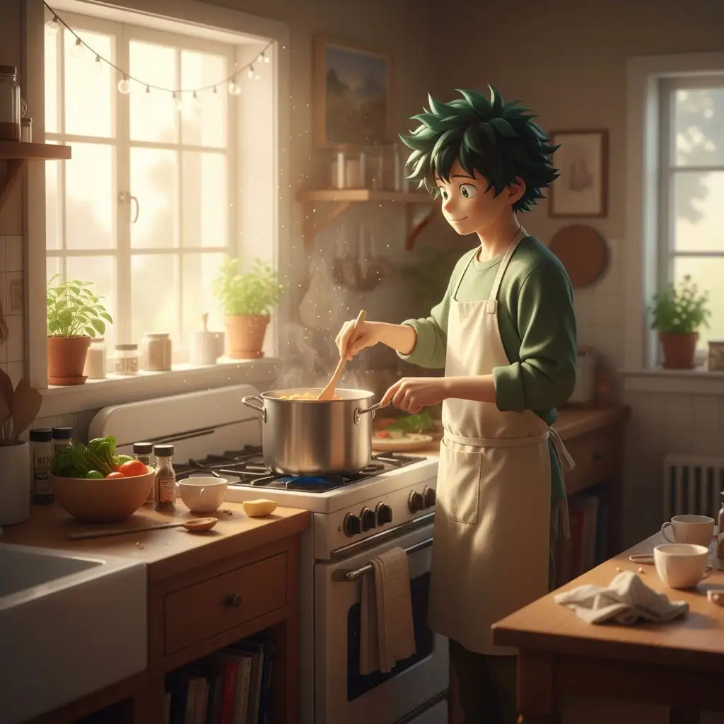 Deku cooking a simple meal in a cozy kitchen, smiling contentedly.