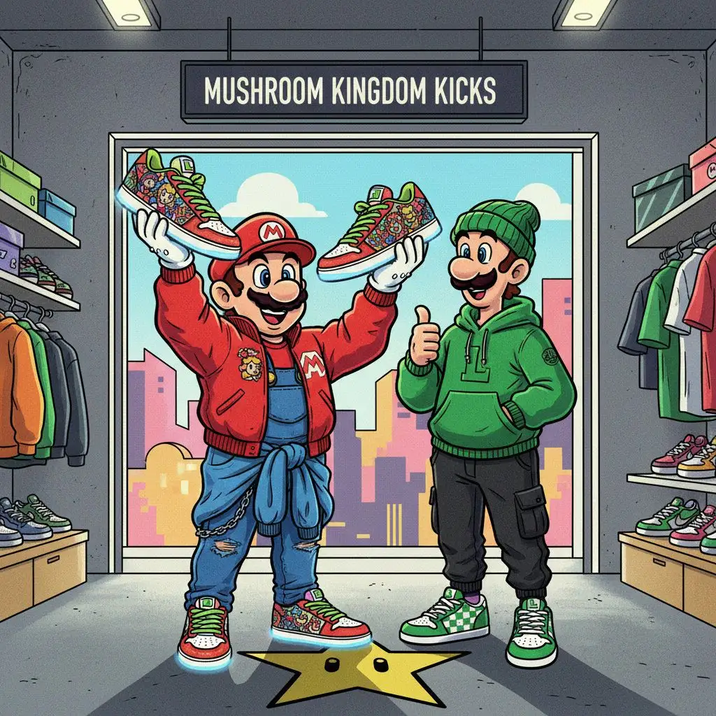 Mario showing Luigi his vibrant, personalized Super Mario custom sneakers.