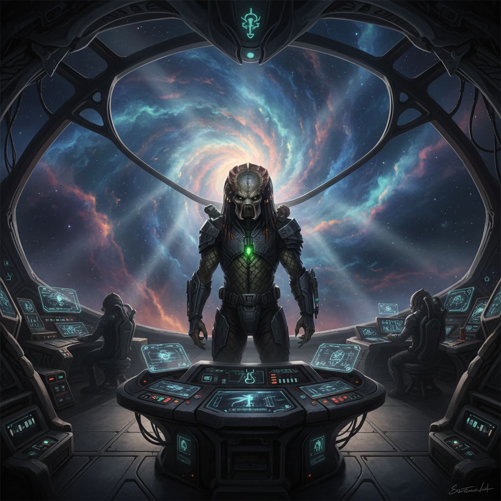 Predator pilot in spaceship cockpit looking at a nebula, futuristic concept art