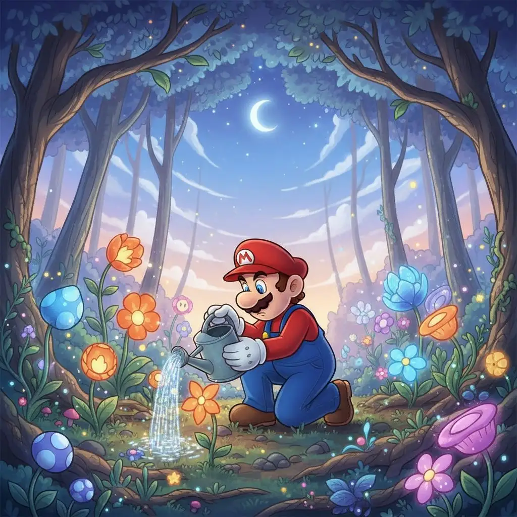Mario tending a whimsical garden with glowing mushrooms under a twilight sky.
