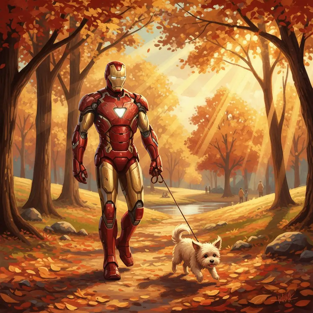 Iron Man walking a dog in an autumn park during sunset, painterly style.