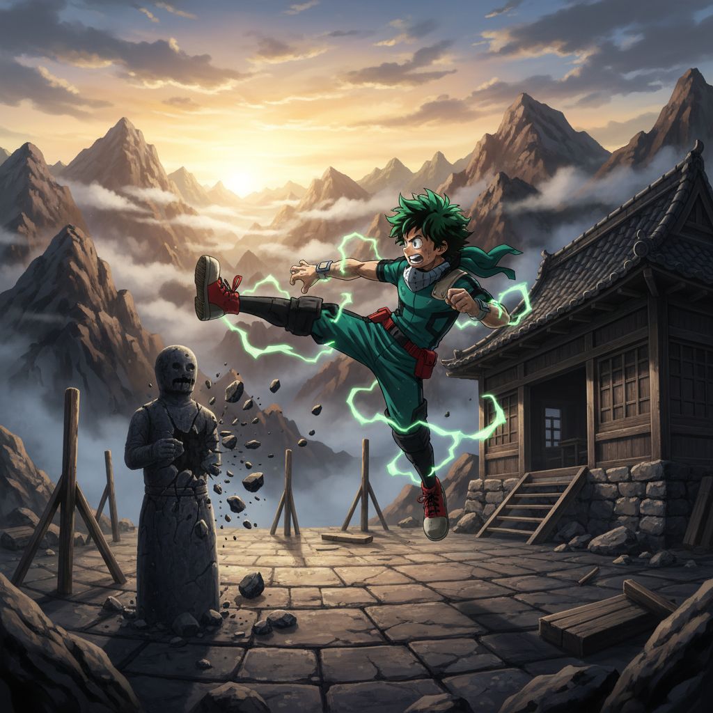 Deku training intensely at a mountain dojo, executing a powerful kick.