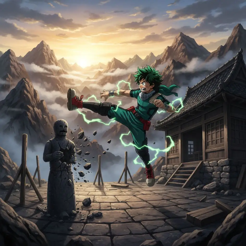 Deku training intensely at a mountain dojo, executing a powerful kick.