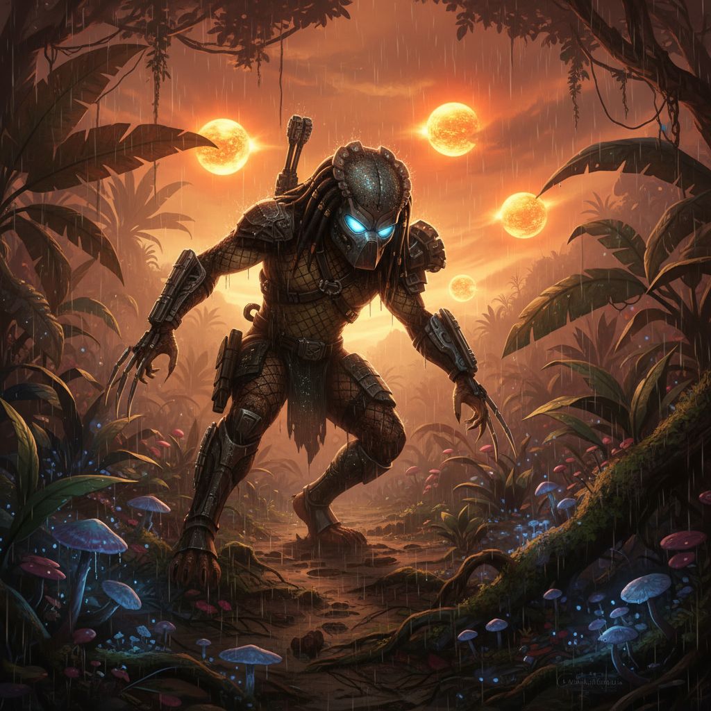 Predator warrior hunting in a triple-sun jungle, photorealistic