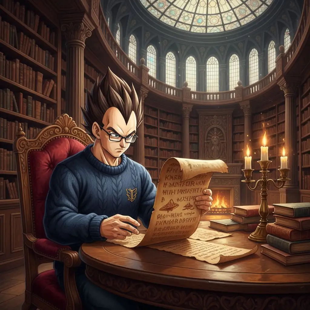 Vegeta reading an ancient scroll in a grand library, wearing casual clothes.