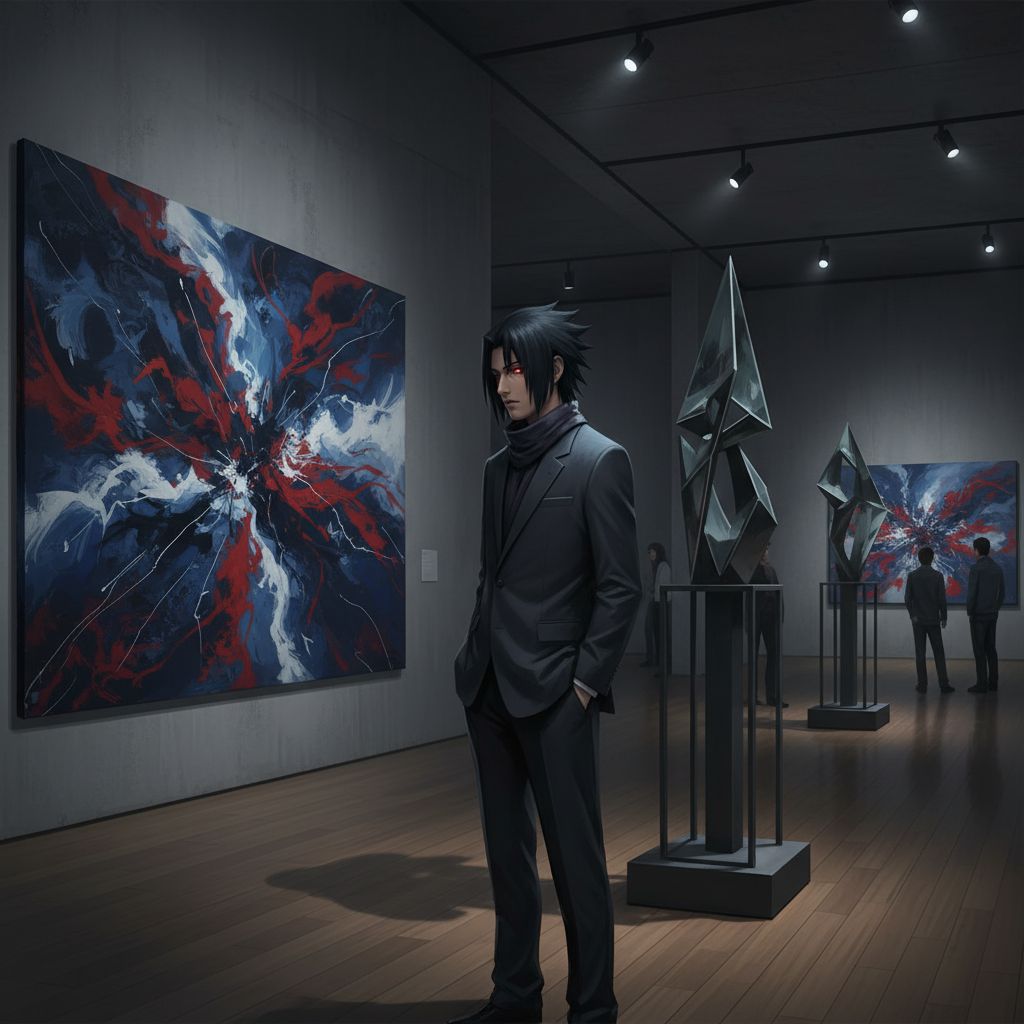 Sasuke Uchiha observing art in a modern gallery, deep in thought.