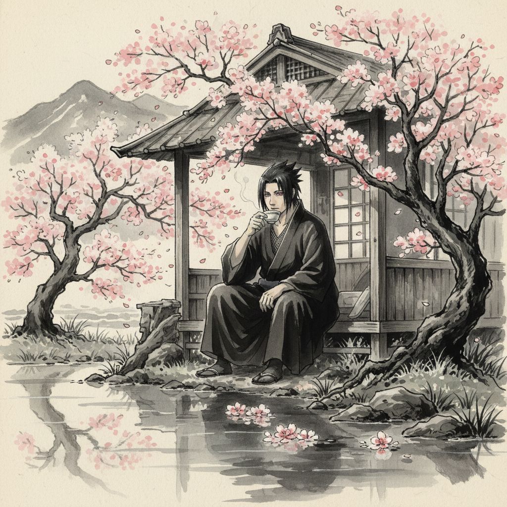 Adult Sasuke Uchiha in a traditional Japanese teahouse, with subtle Sharingan glow.