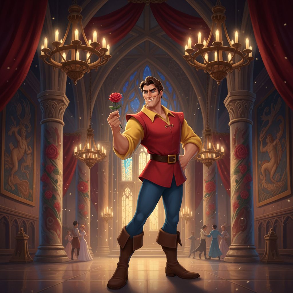 Gaston fan art posing in Beast's castle ballroom, classic animation style.