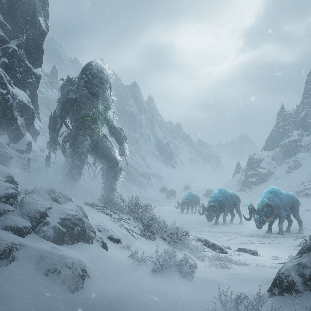 Cloaked Yautja in snowy mountains observing alien herd, realistic