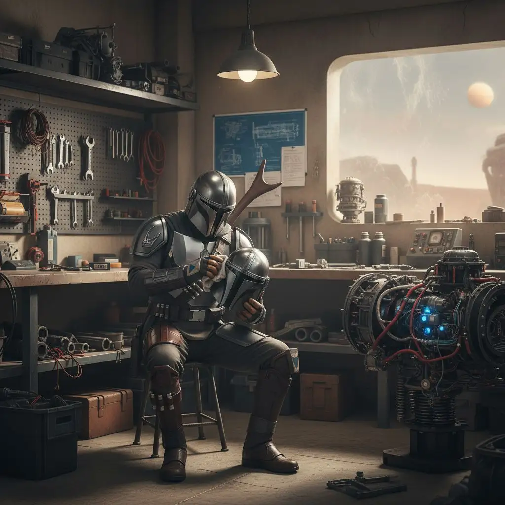 The Mandalorian polishing his helmet in a detailed workshop.
